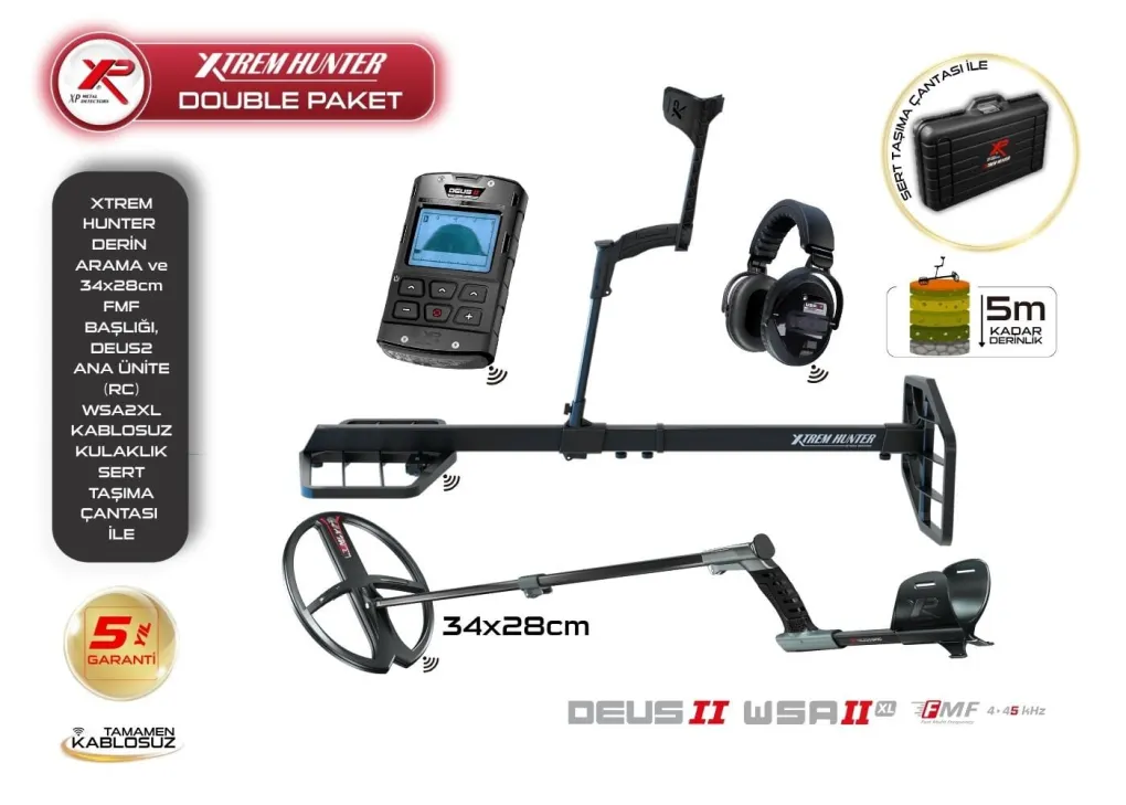 XP XP Xtrem Hunter Çift Başlıklı Tam Set — Deus 2 Ana Ünite, 34x28 cm FMF Başlık ve Kablosuz Kulaklık